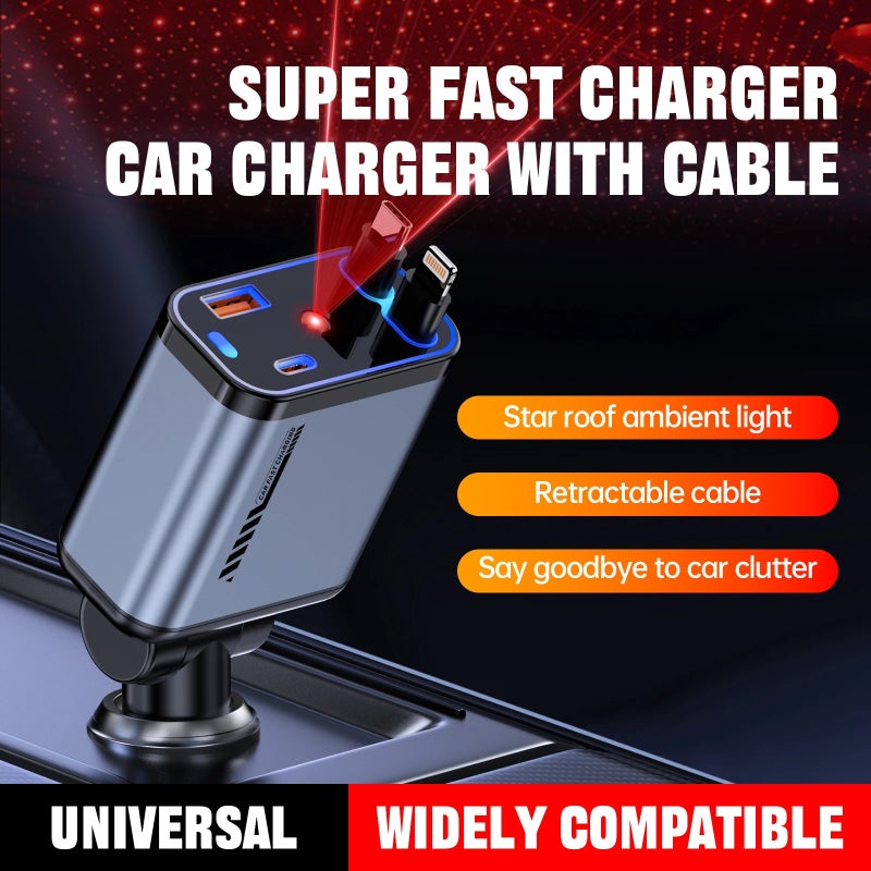 Bluejw 120W Car Charger Adapter, USB C Fast Charger Cable with Retractable Cord & Starry Sky Lamp, Automobile Chargers for iPhone - Image 4